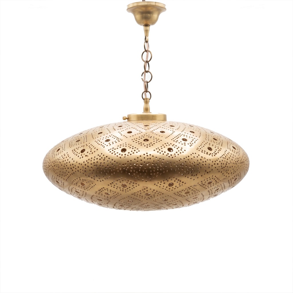 Agafay pierced brass hanging lantern on a white studio background