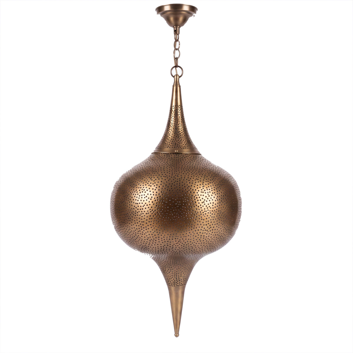 Aksil brass pendant with punched circle openings on a white studio background