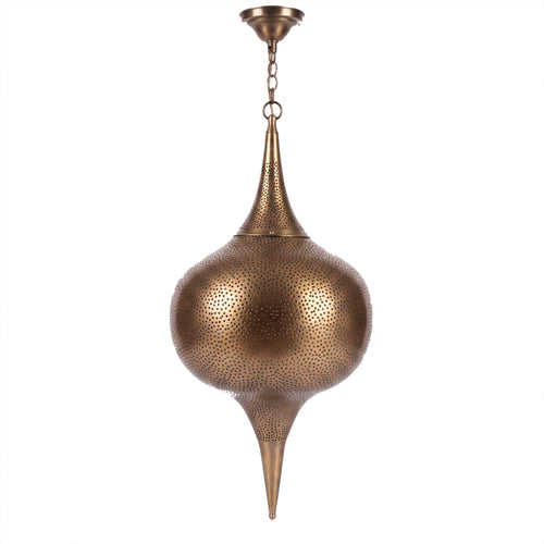 Aksil brass pendant with punched circle openings on a white studio background