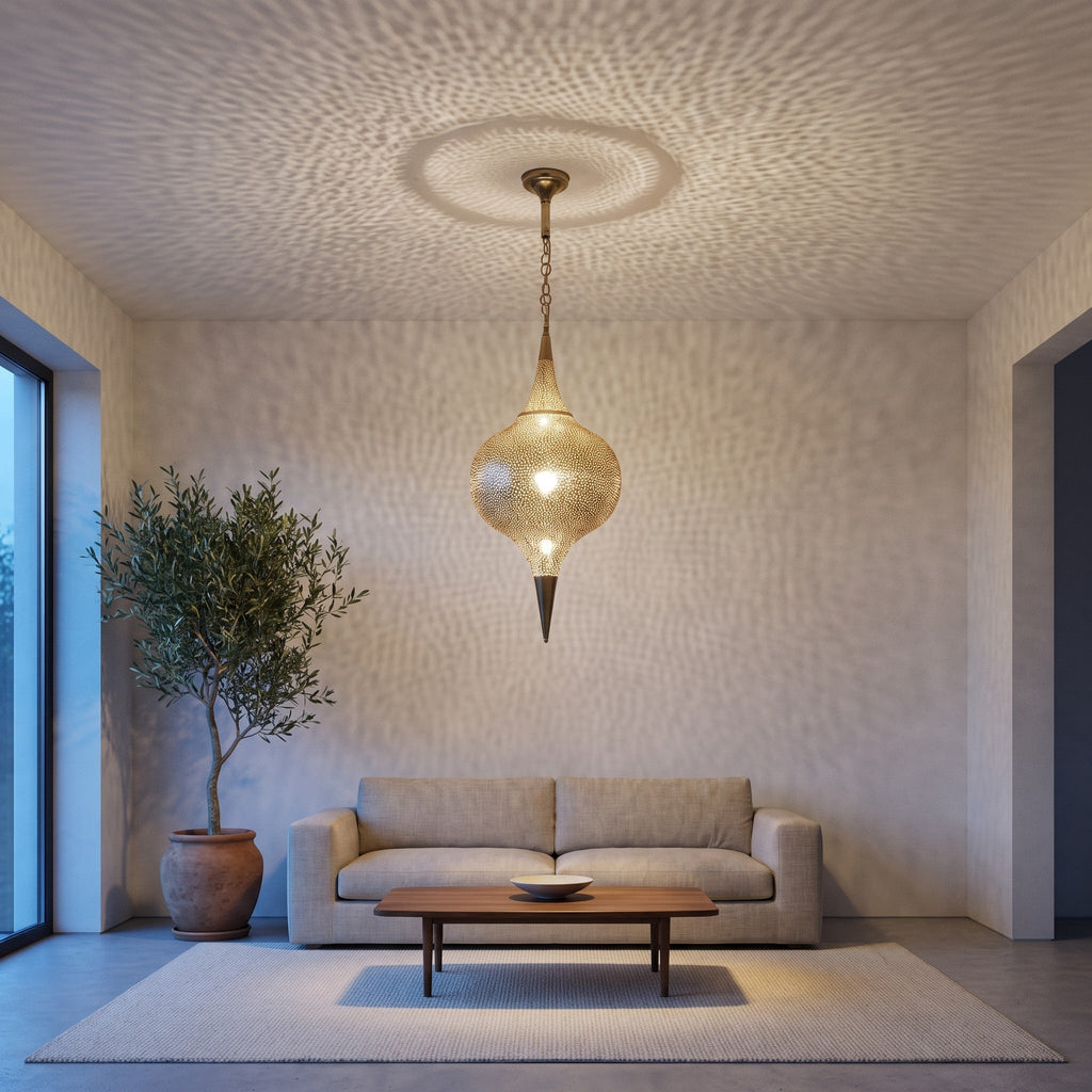 Aksil pendant hung low over a kitchen island in a modern interior