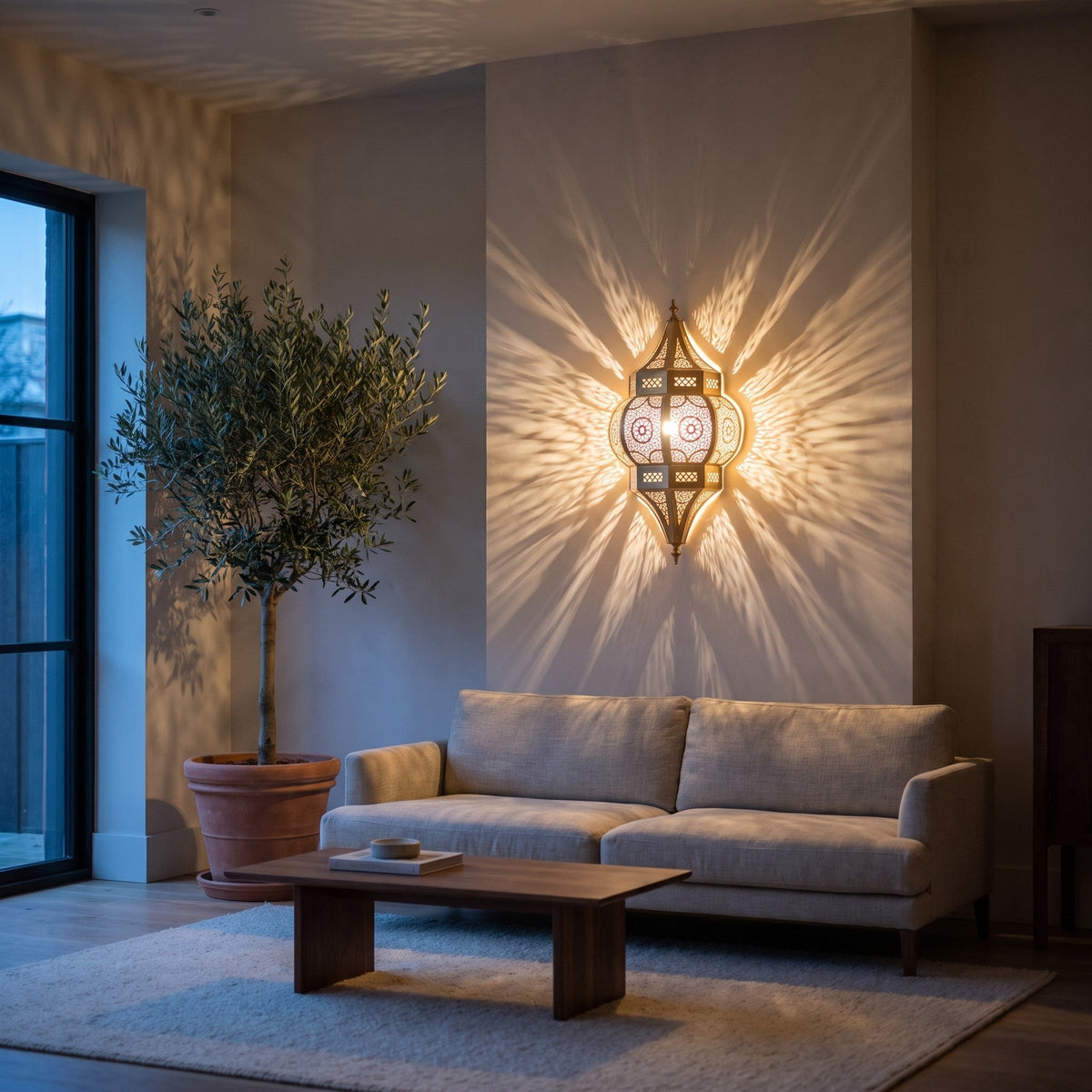 Amalu brass sconce lit above a console in a modern entryway