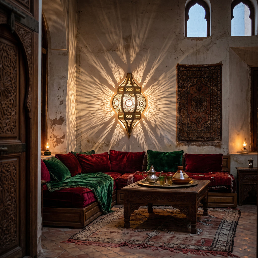 Amalu sconce printing its shadow pattern across a Moroccan riad wall