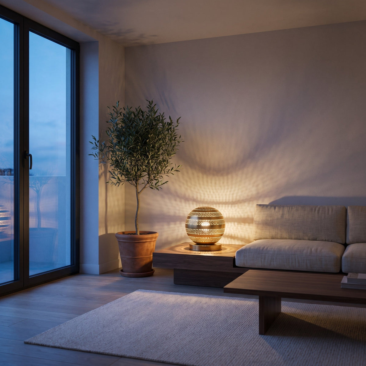 Aman brass table lamp on a console in a modern apartment