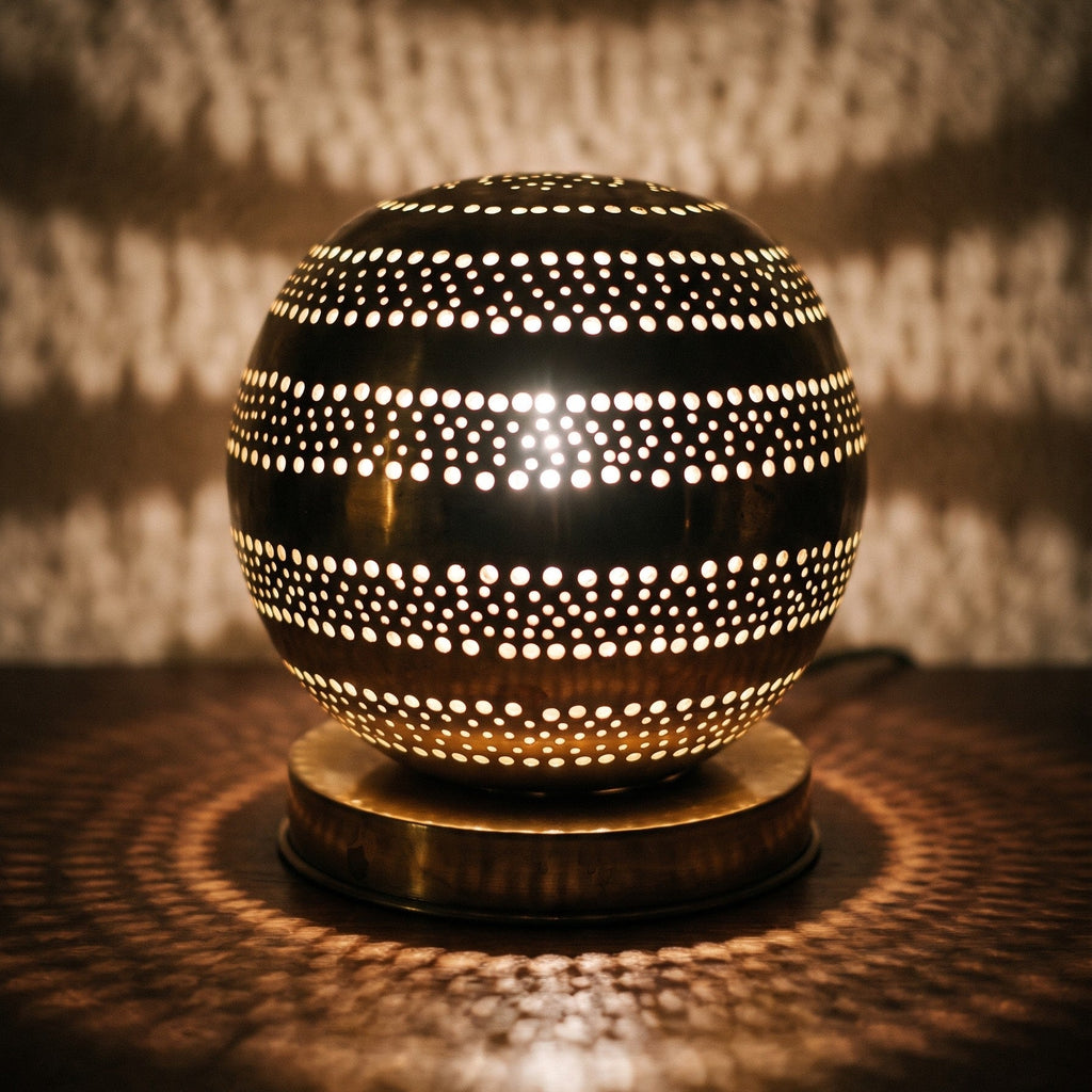 Close view of the lit Aman lamp, light escaping through hand-cut perforations
