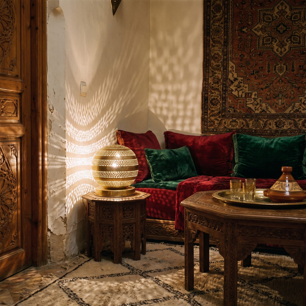 Aman lamp glowing in a riad at night, a constellation of light on the walls