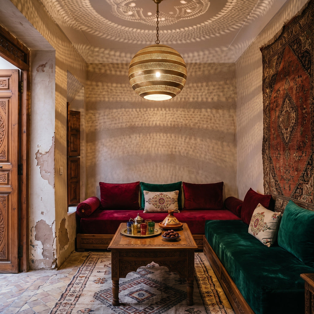 Amanar pendant lit in a Moroccan riad, floral shadows on the walls