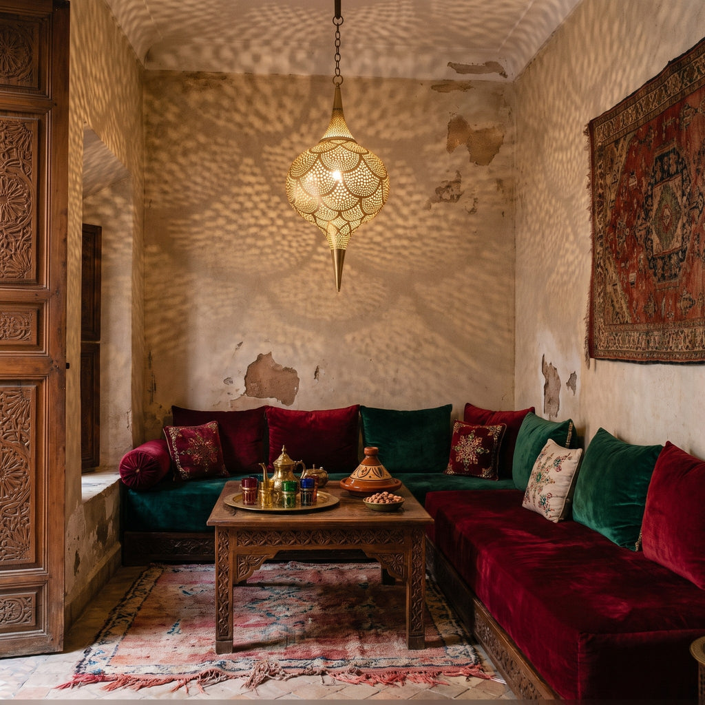 Amira pendant hanging in a Moroccan riad, lit at dusk