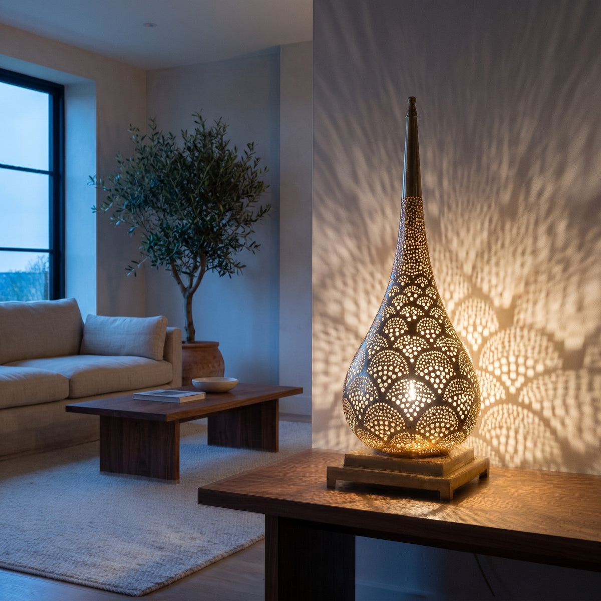 Anbar lamp lit beside a sofa in a modern living room, warm pattern on the wall