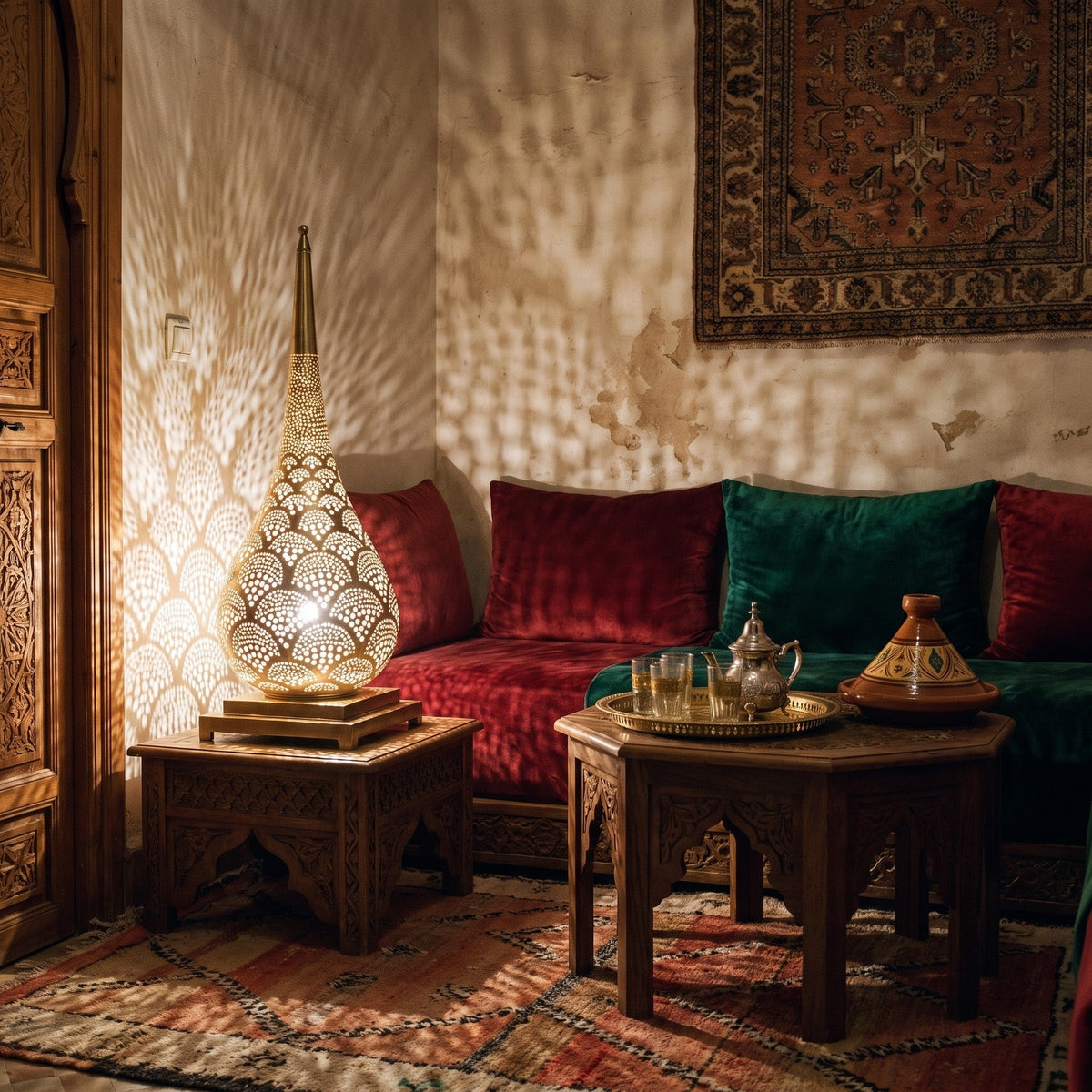 Anbar table lamp glowing against a plaster wall in a Moroccan riad