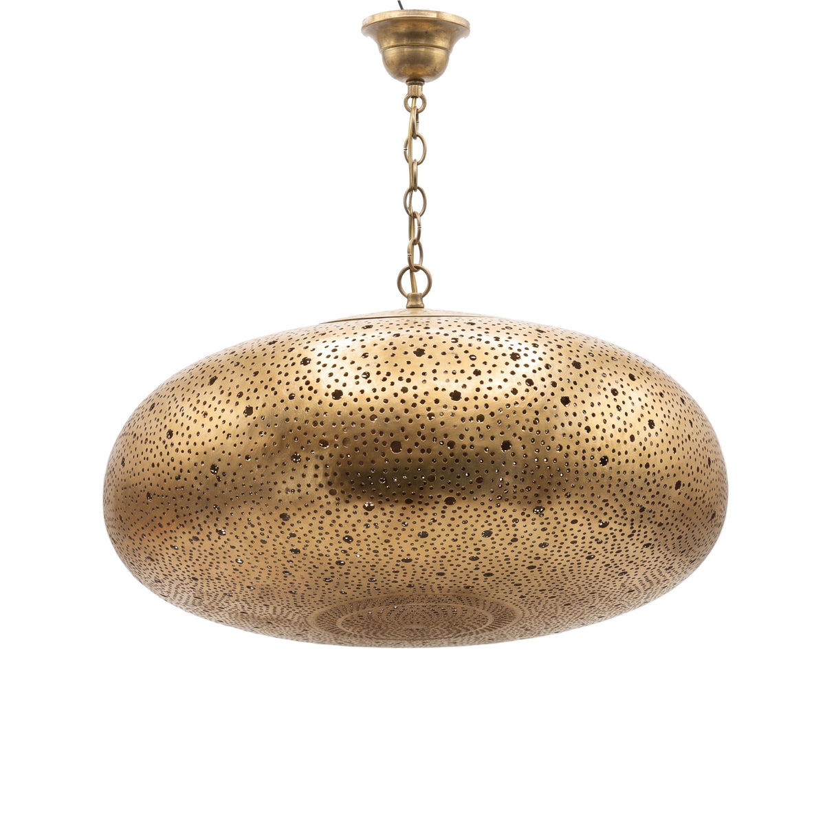 Anfa pendant, a modern pierced brass dome, on a white studio background
