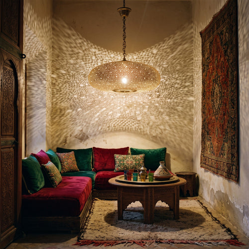 Anfa pendant glowing in a Moroccan riad salon at night