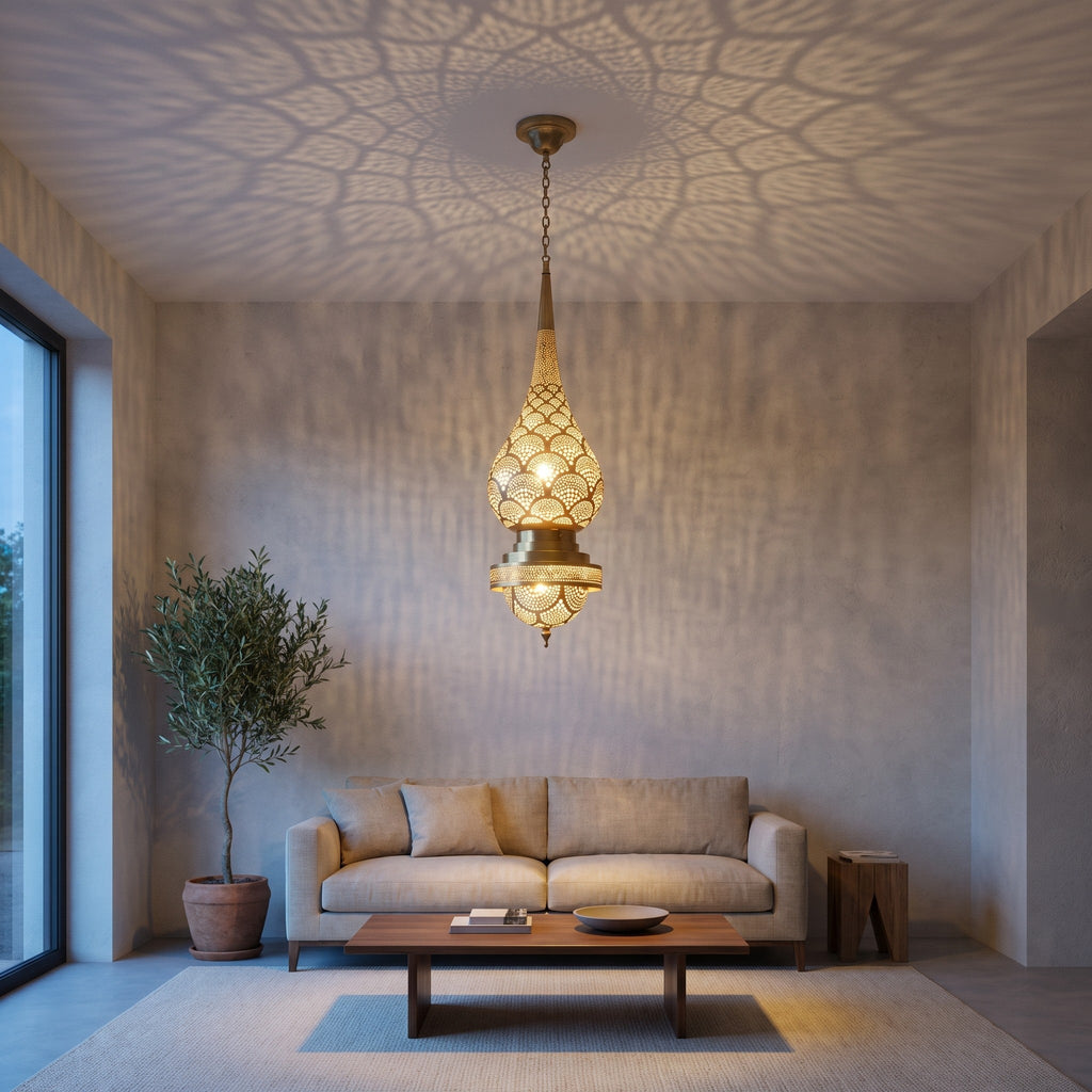 Asafu pendant hanging in a stairwell of a modern home