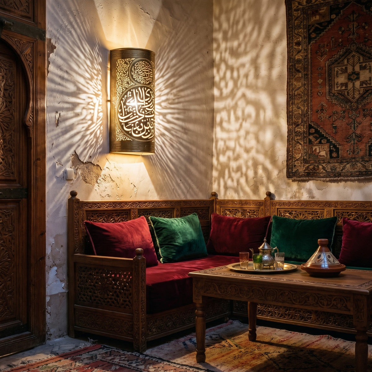 Aya calligraphy sconce lighting a quiet corner of a Moroccan riad