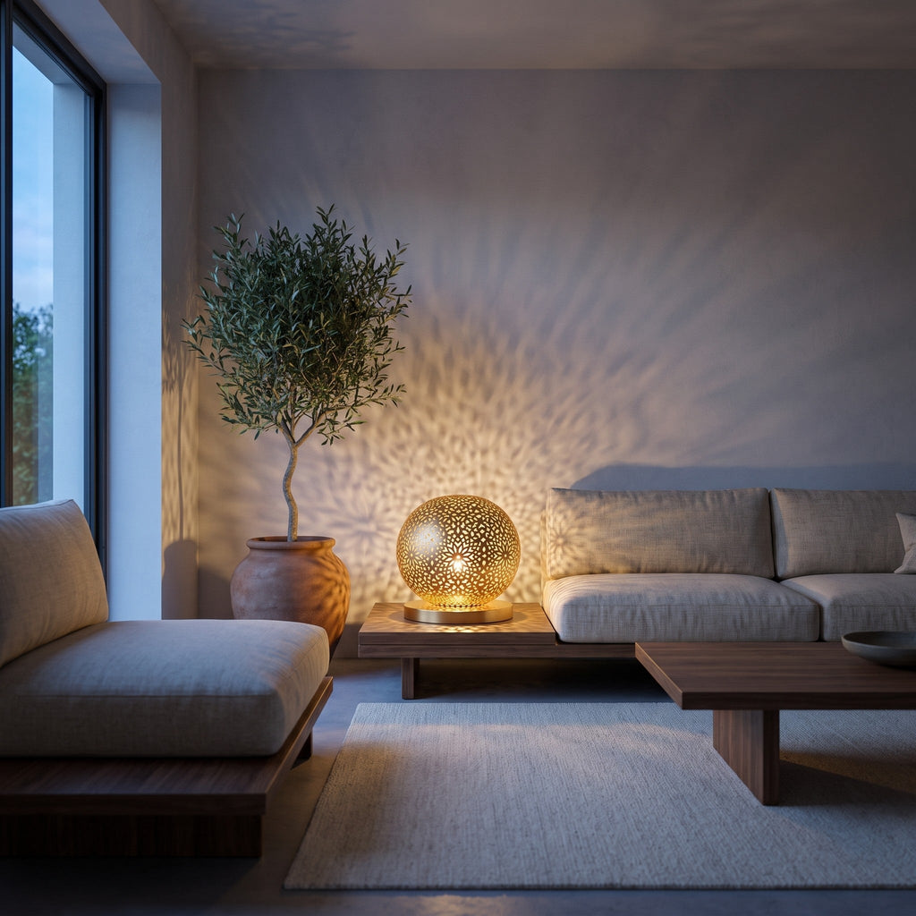 Ayyur brass sphere lamp on a bedside table in a modern bedroom