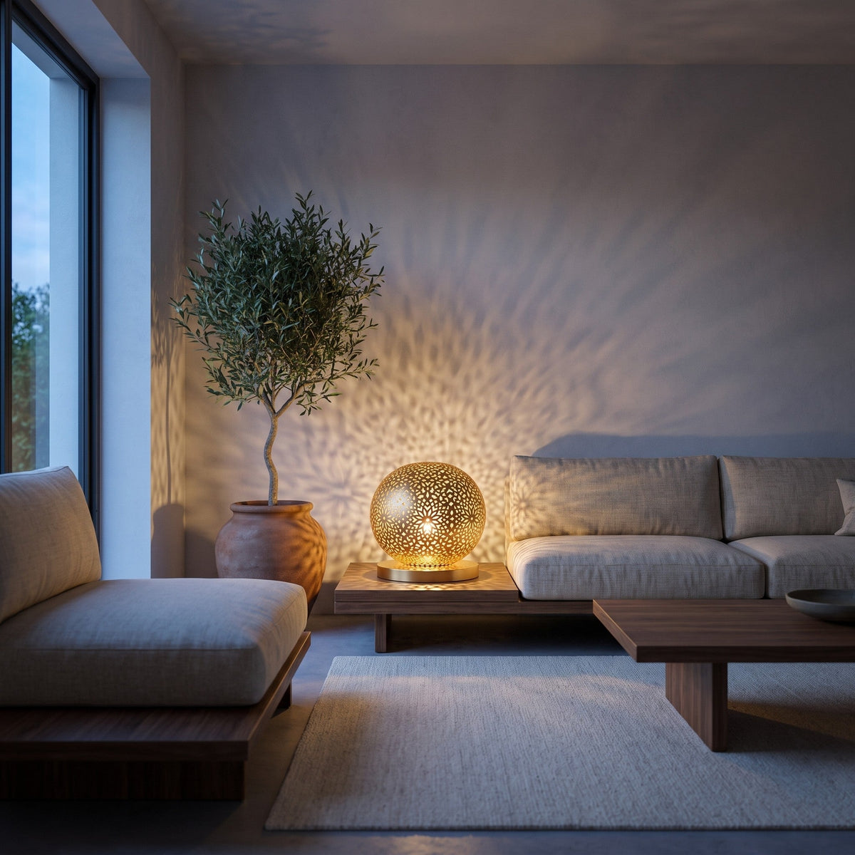 Ayyur brass sphere lamp on a bedside table in a modern bedroom