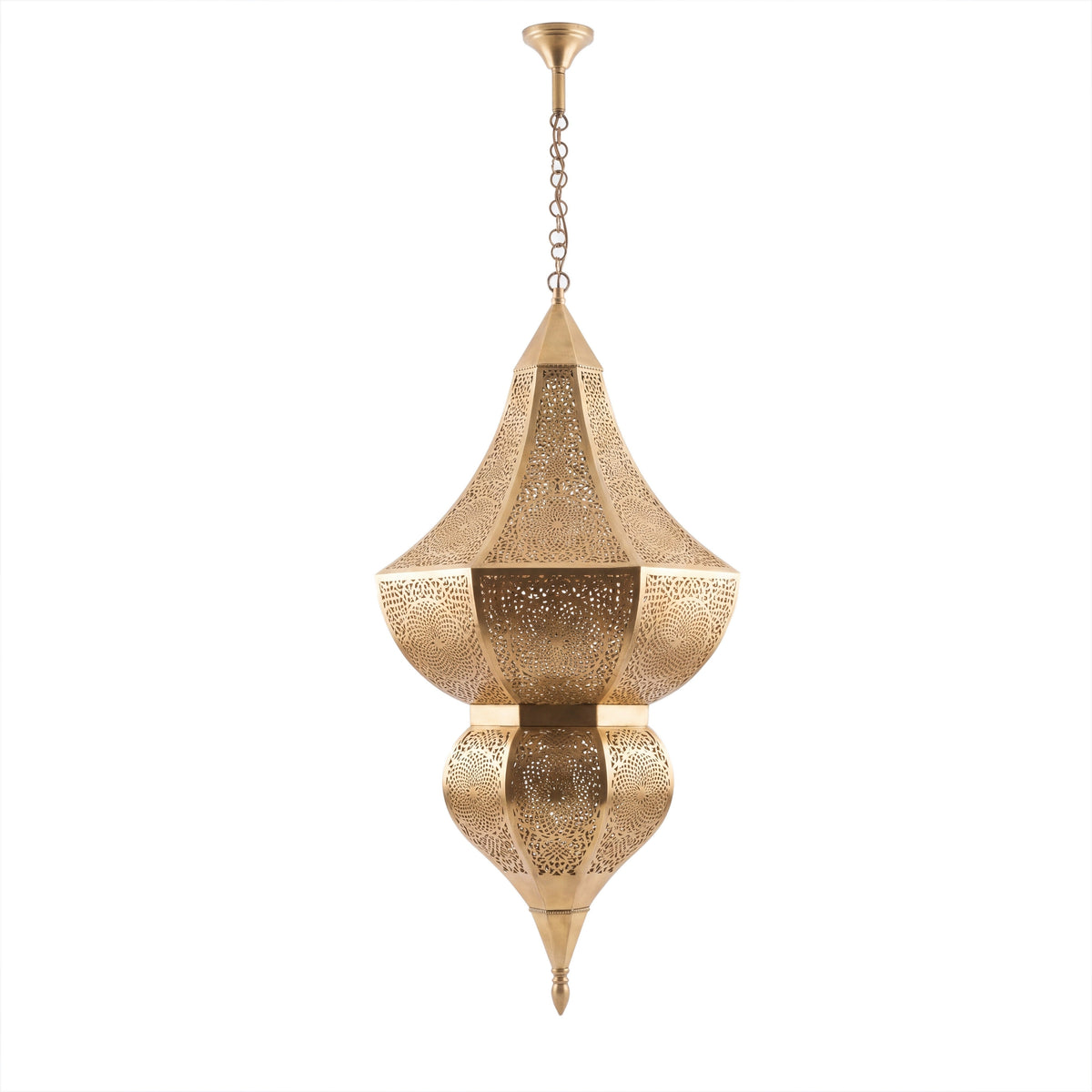 Badi brass pendant with floral cutwork on a white studio background