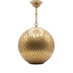 Badr pendant, a hand-pierced brass sphere, unlit on a white studio background