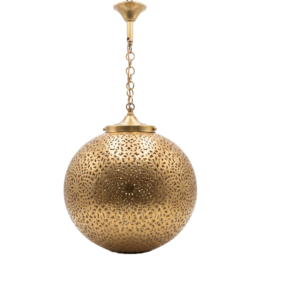 Bahia pierced brass dome pendant on a white studio background