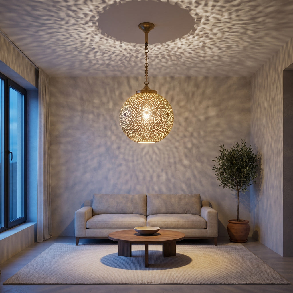 Bahia brass pendant hanging above a dining table in a modern interior
