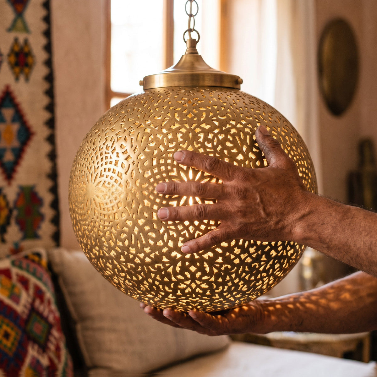 A maker's hands holding the unfinished Bahia dome in the workshop