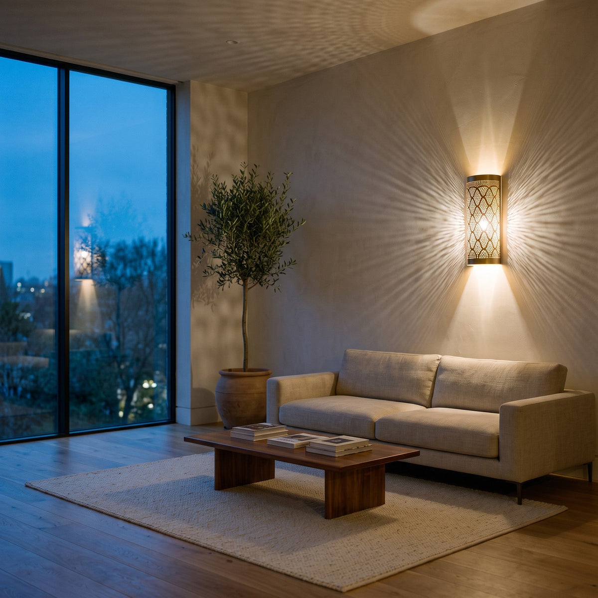 Two Bahja brass sconces lighting a modern dining room wall