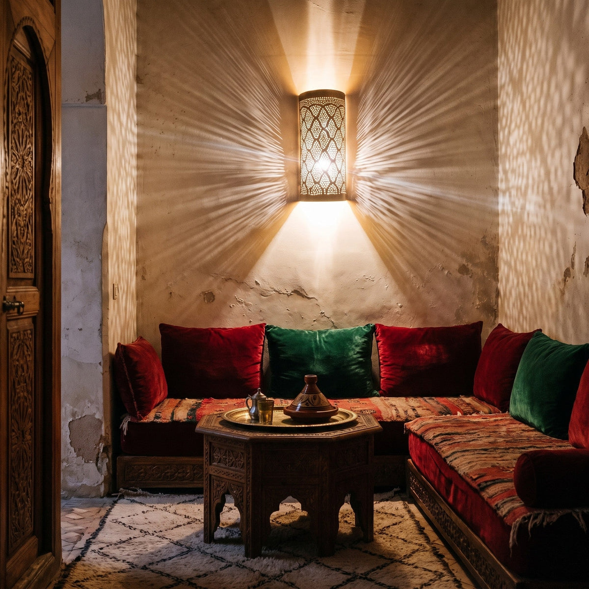 Bahja sconce pair glowing in a lamplit Moroccan riad salon