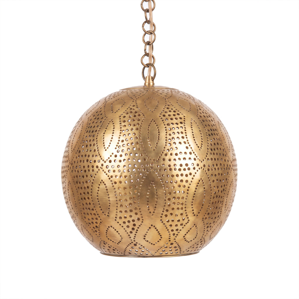 Baraka dome pendant of punched brass circles on a white studio background
