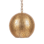 Baraka dome pendant of punched brass circles on a white studio background