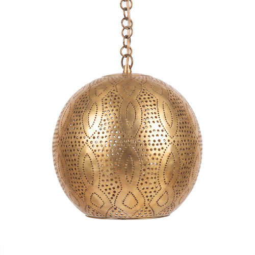 Baraka dome pendant of punched brass circles on a white studio background