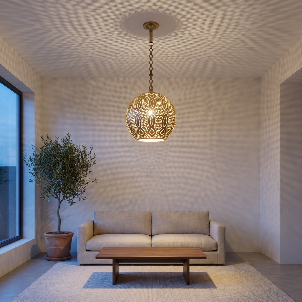 Baraka brass dome pendant over a kitchen counter in a modern home