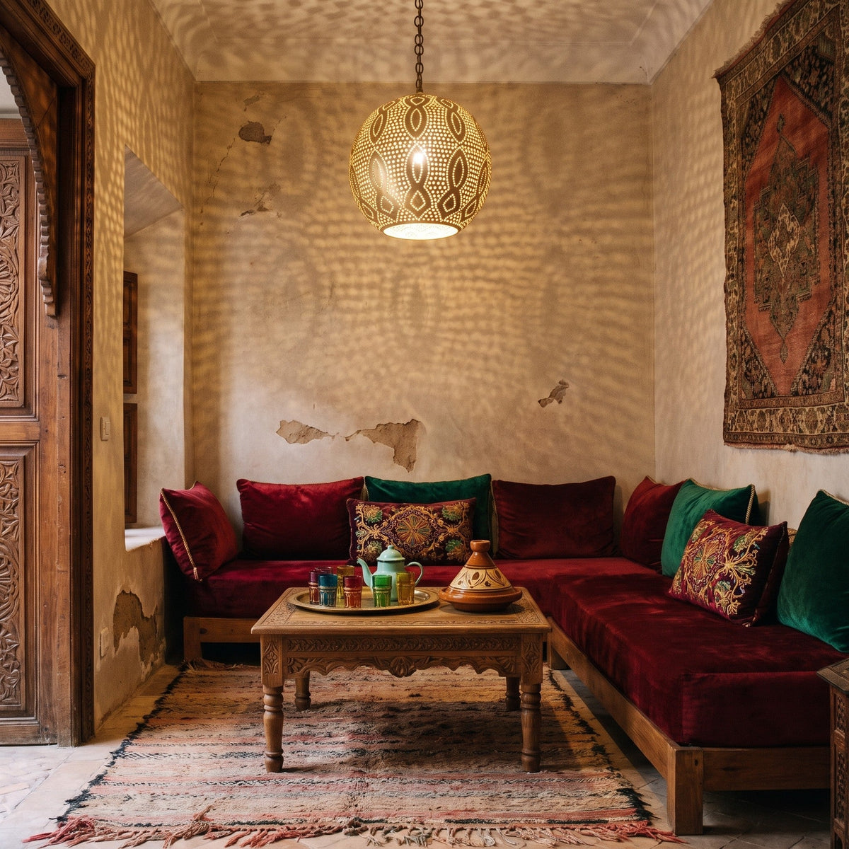 Baraka pendant lit in a Moroccan riad, rings of light on the walls
