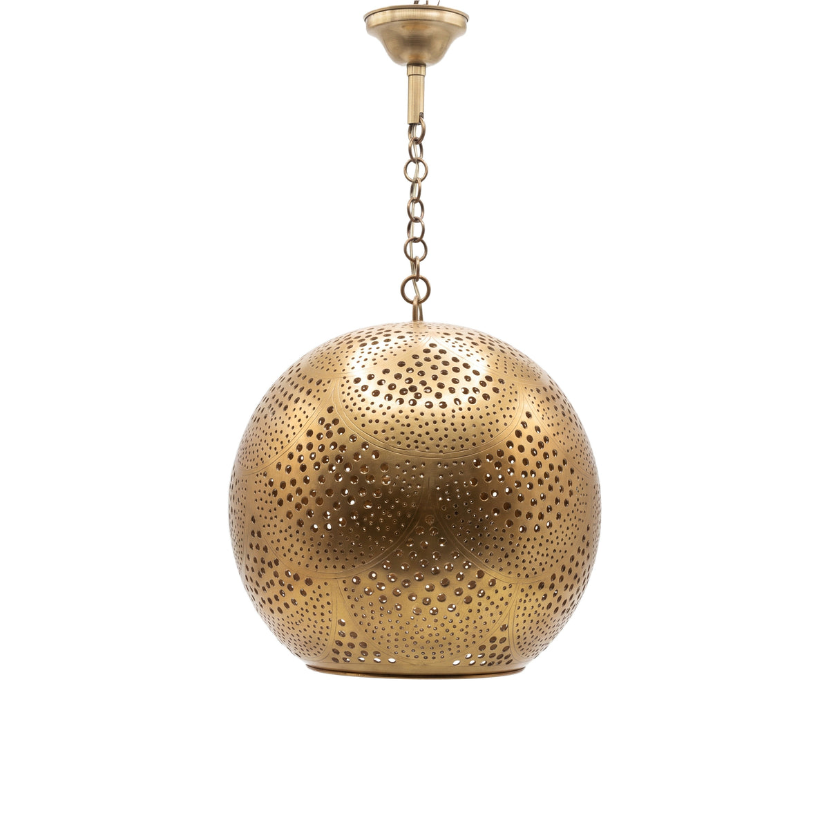 Chourouk pendant, an open punched brass ball, on a white studio background