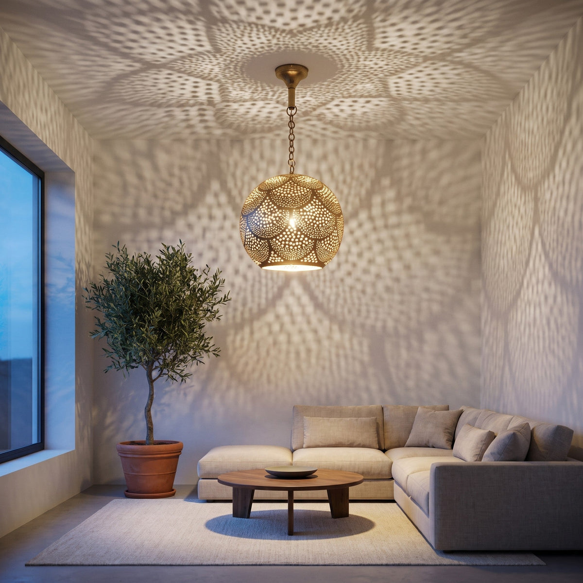 Chourouk brass pendant hanging in a modern hallway