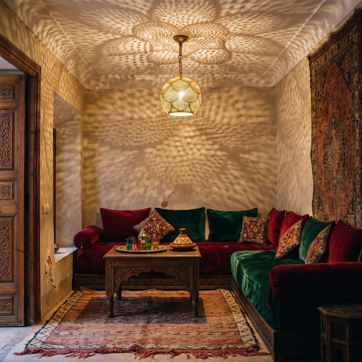 Chourouk pendant lit at dusk in a Moroccan riad sitting room
