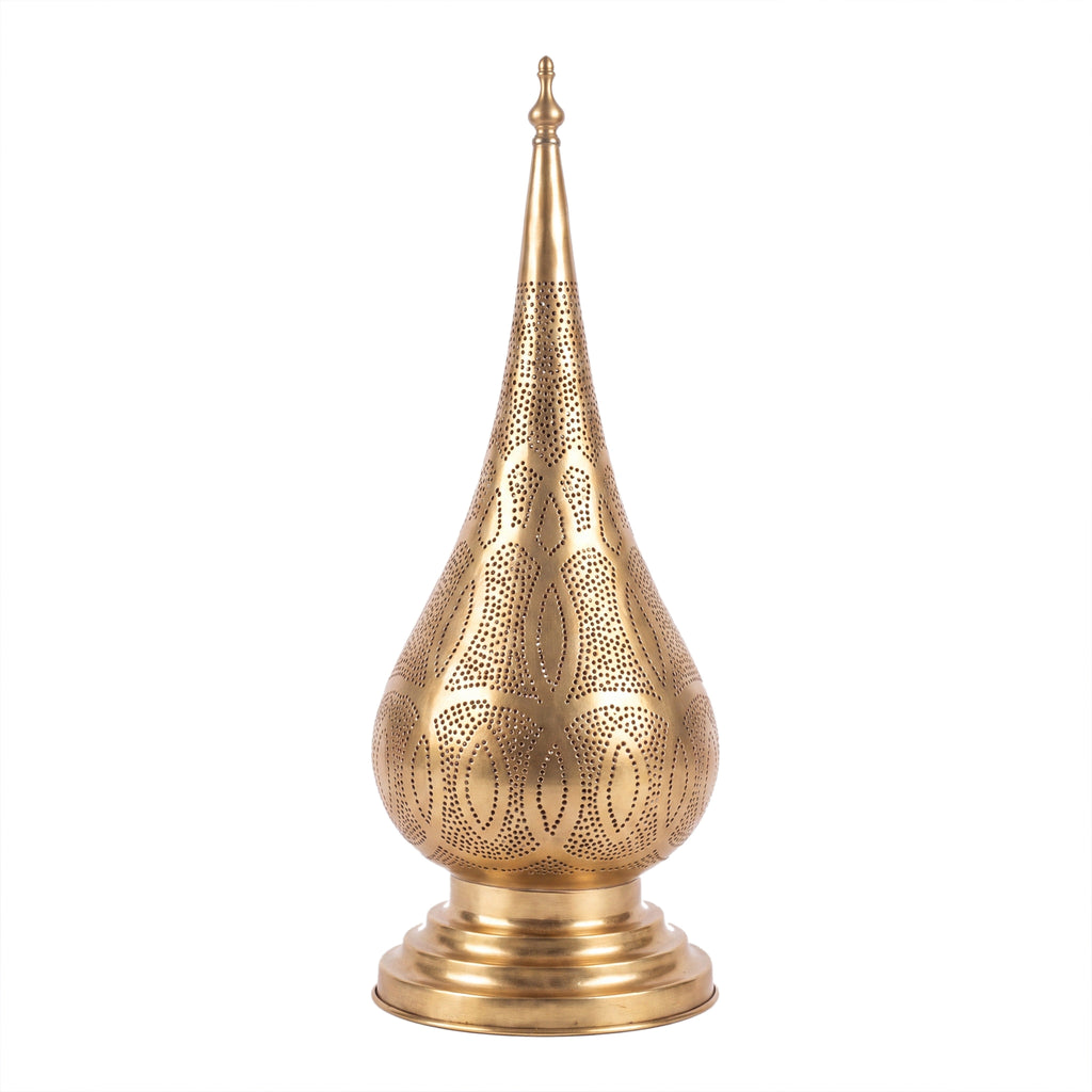 Dahab pierced brass table lamp, gold finish, on a white studio background