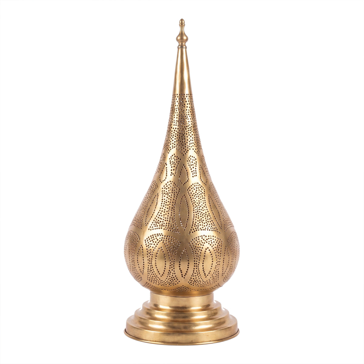 Dahab pierced brass table lamp, gold finish, on a white studio background