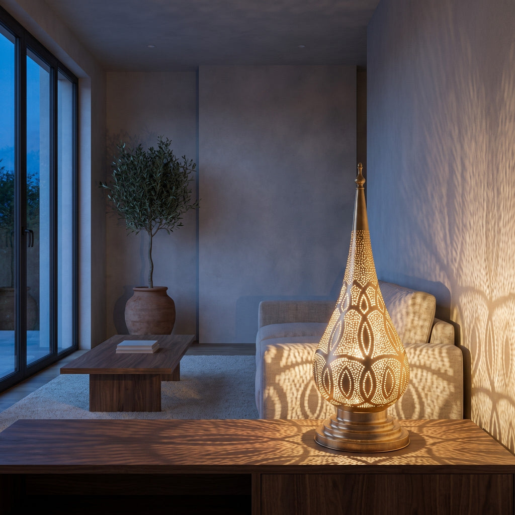 Dahab lamp lit on a console in a modern apartment, fretwork of light on the wall