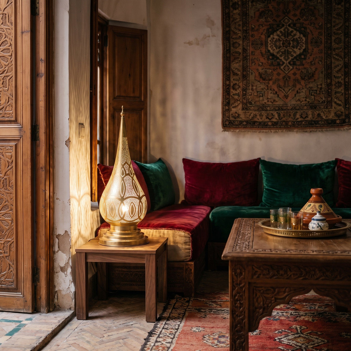 Dahab table lamp lit on a low table in a Moroccan riad in the evening