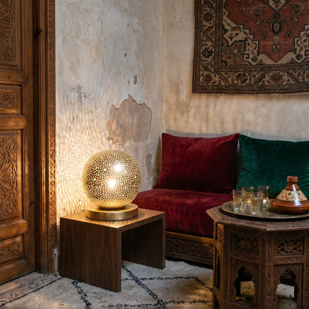 Daya lamp glowing on a low table in a riad at night, light scattered on the plaster wall