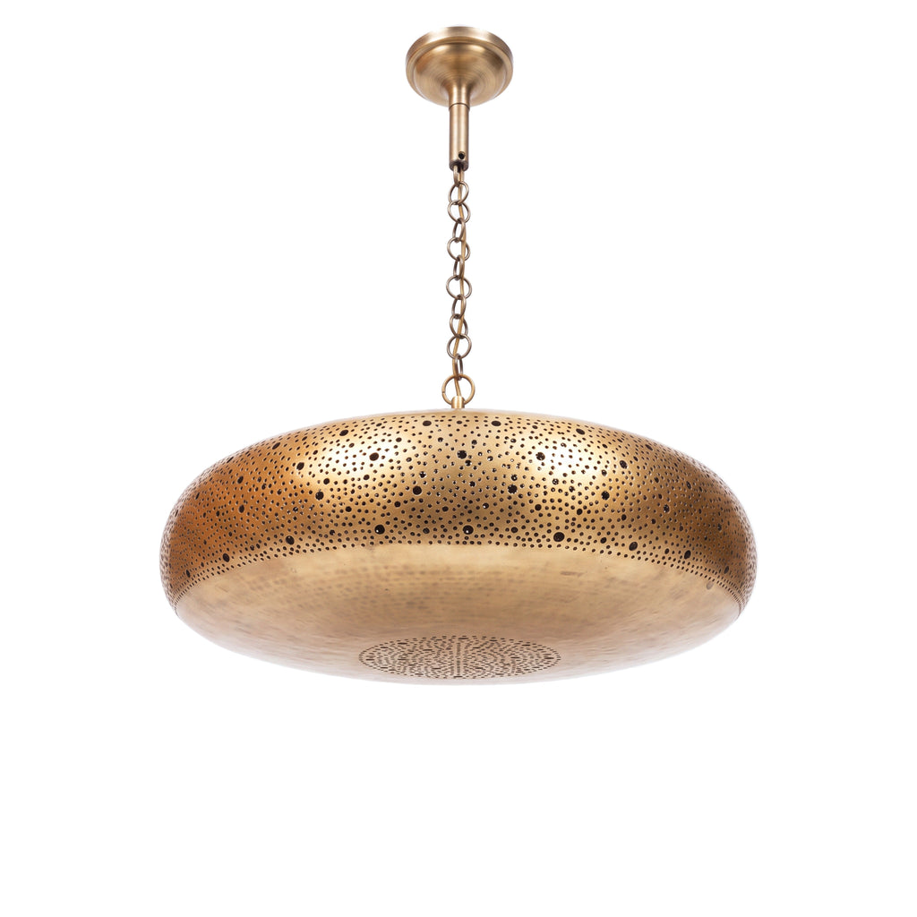 Dihya brass pendant with pierced floral bands on a white studio background