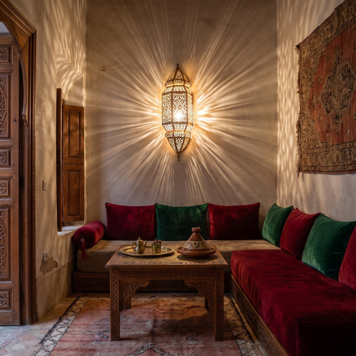Tall Fajr sconce casting patterned light up a Moroccan riad wall