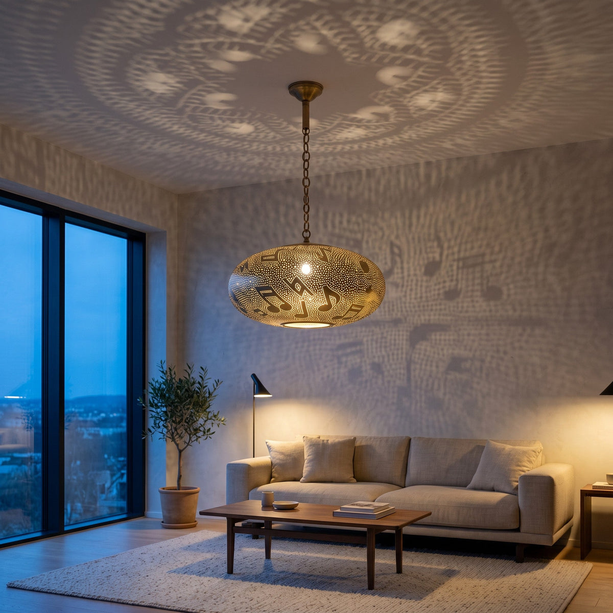 Gnawa music note pendant hanging in a modern living room