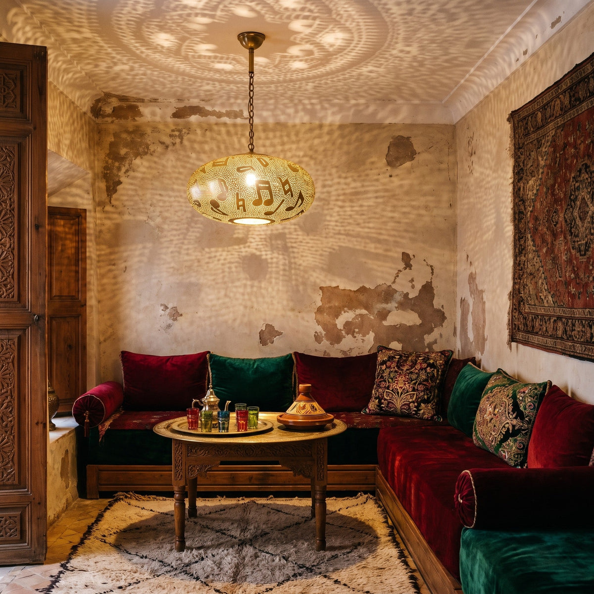 Gnawa pendant throwing music note patterns across a Moroccan riad wall