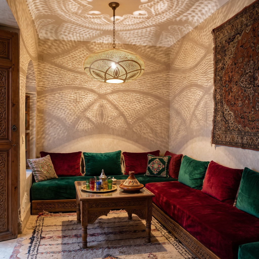 Hana pendant lit at night in a Moroccan riad sitting room