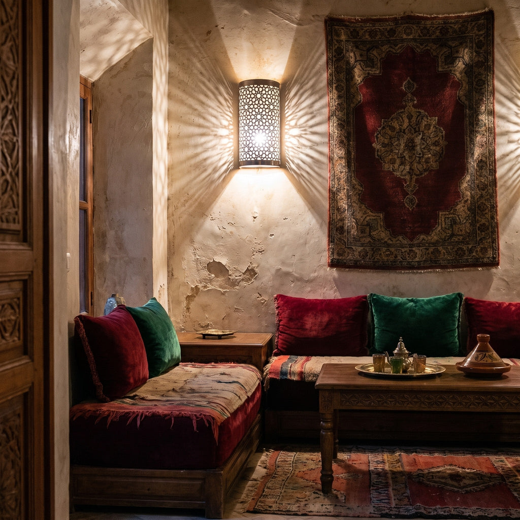 Isli sconce pair lit on a Moroccan riad wall at night