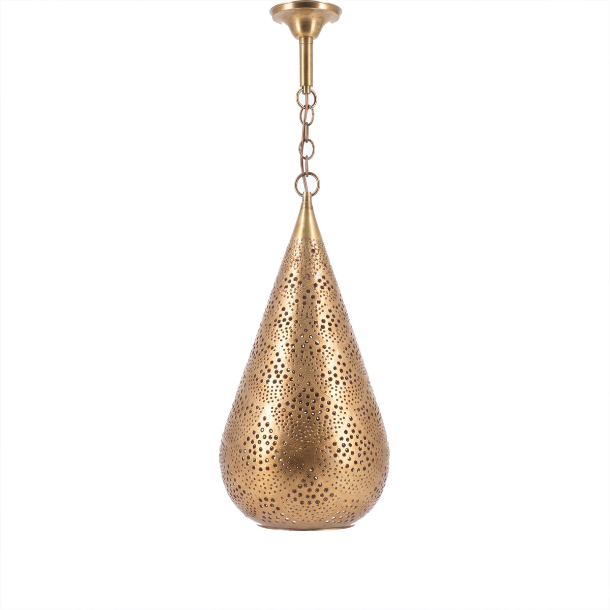 Itri pierced brass pendant light on a white studio background