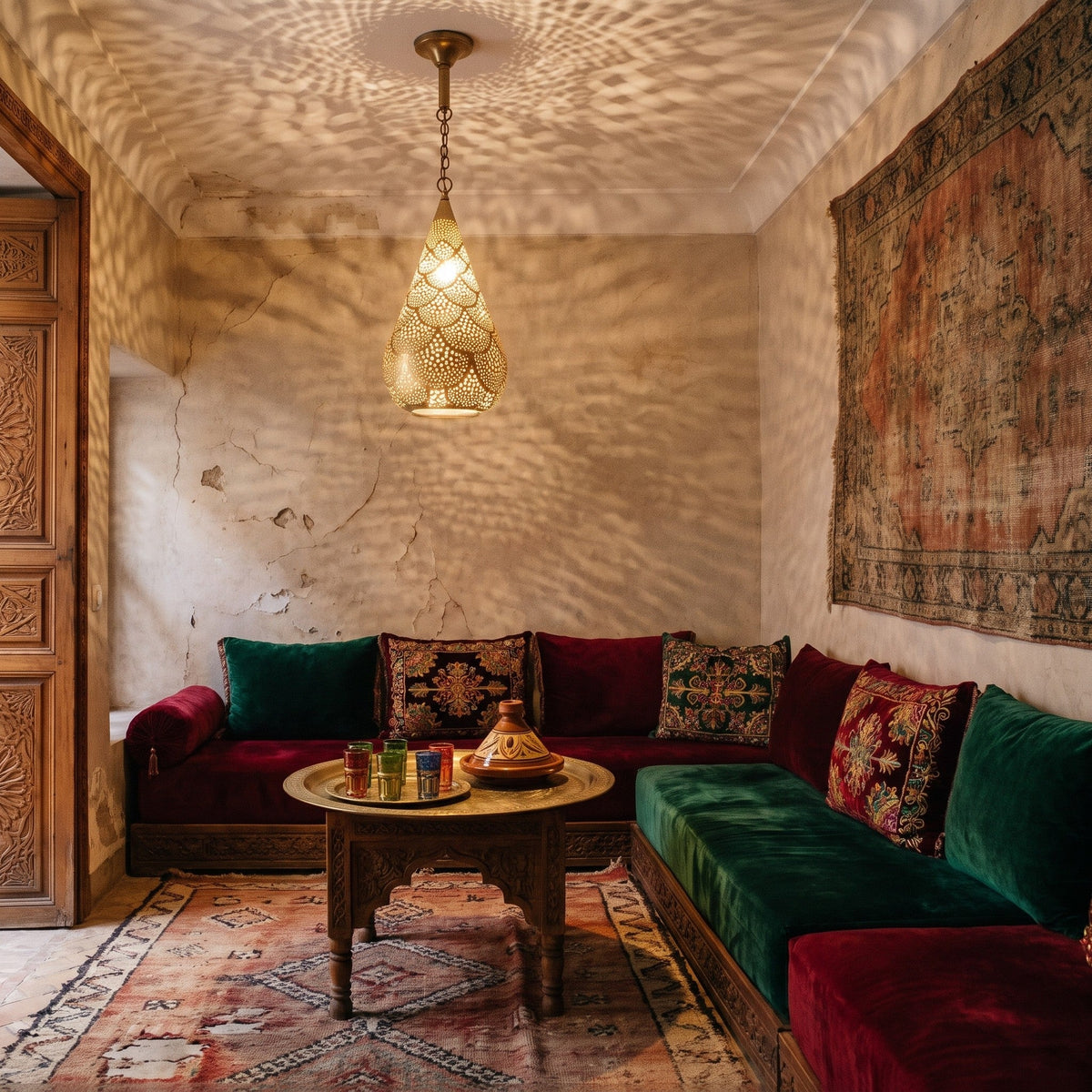 Itri pendant casting patterned light across a Moroccan riad wall