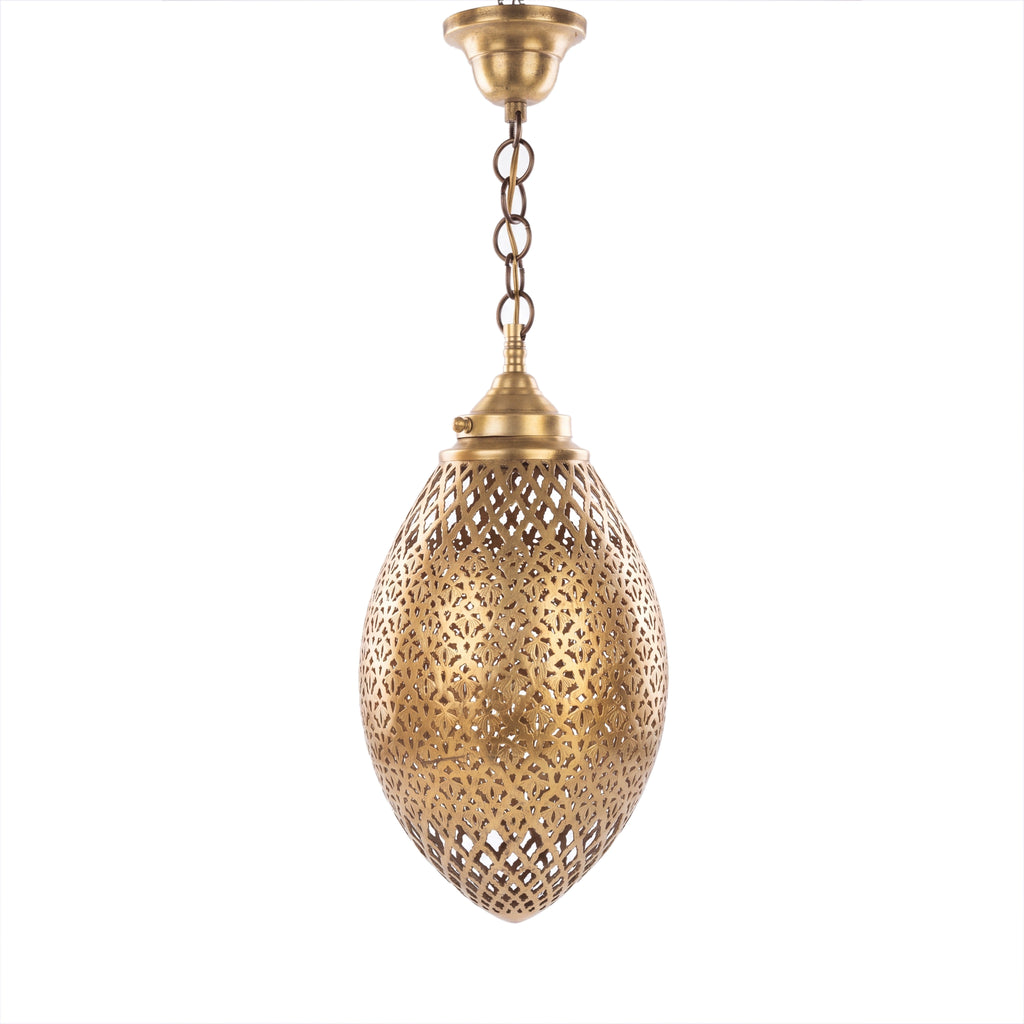 Kenza pendant, an engraved brass egg with antique patina, on a white studio background