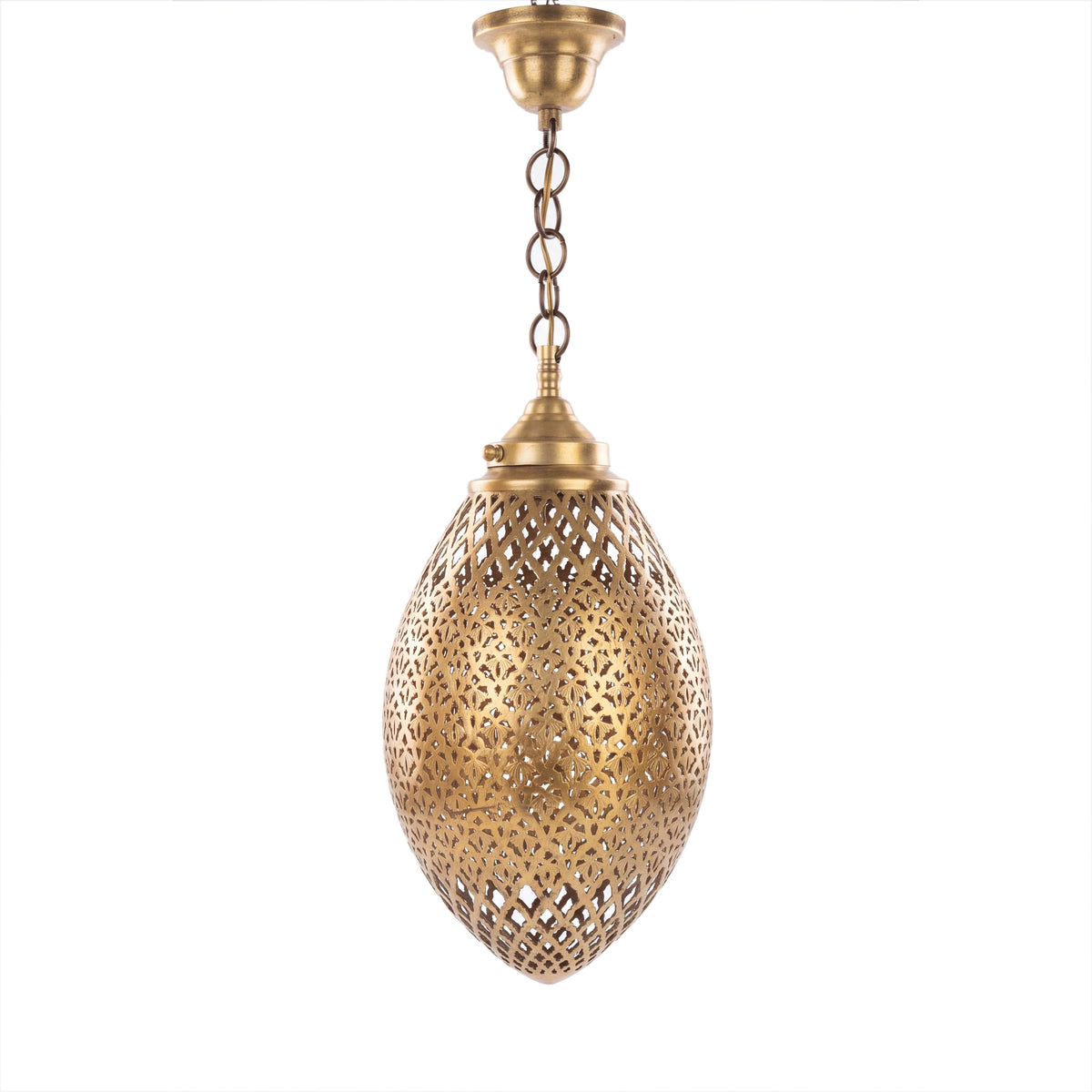 Kenza pendant, an engraved brass egg with antique patina, on a white studio background