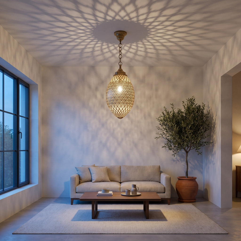 Kenza pendant hanging in the corner of a modern bedroom